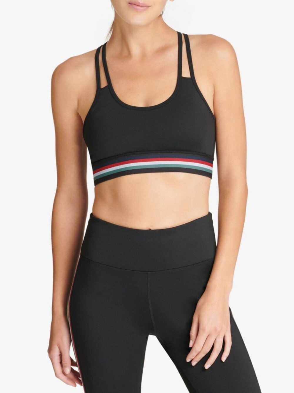 DKNY Womens Sport Track Stripe Racerback Mid Impact Sports Bra